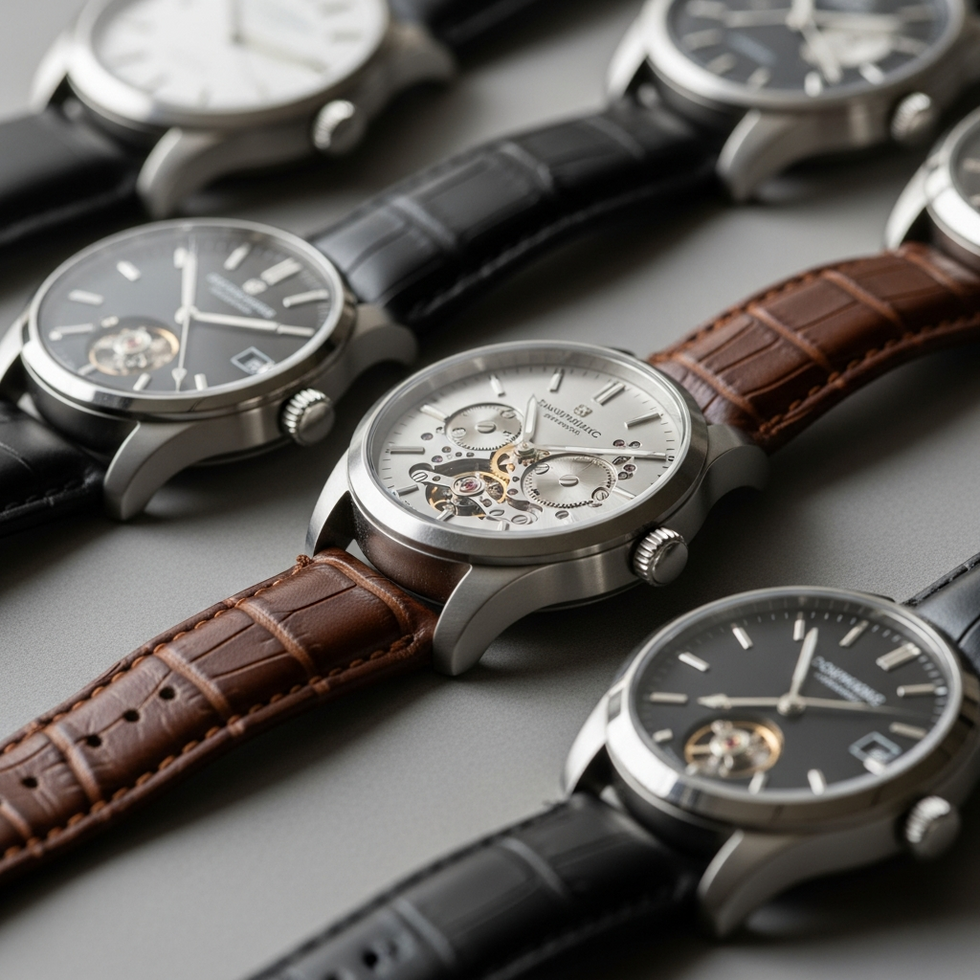 farklı markalara ait çeşitli otomatik saat modellerinin yakın plan çekimleri