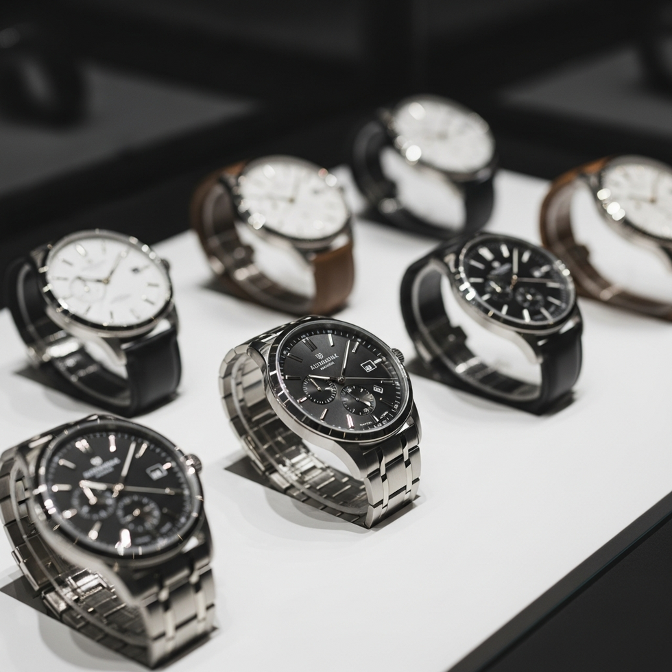 yeni çıkan saatler Modern tasarıma sahip yeni çıkan otomatik saatlerin ön planda olduğu bir koleksiyon görüntüsü