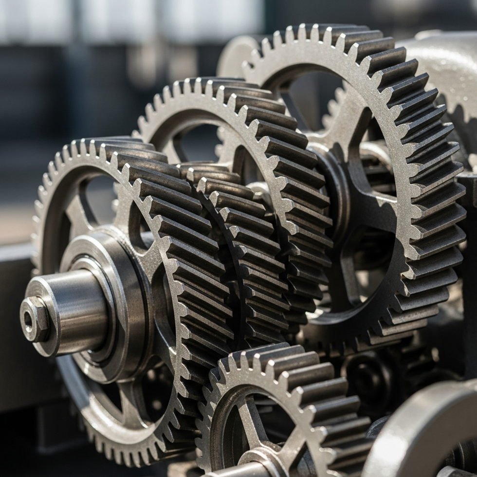 An intricate gear system illustrating mechanical advantage and motion transfer