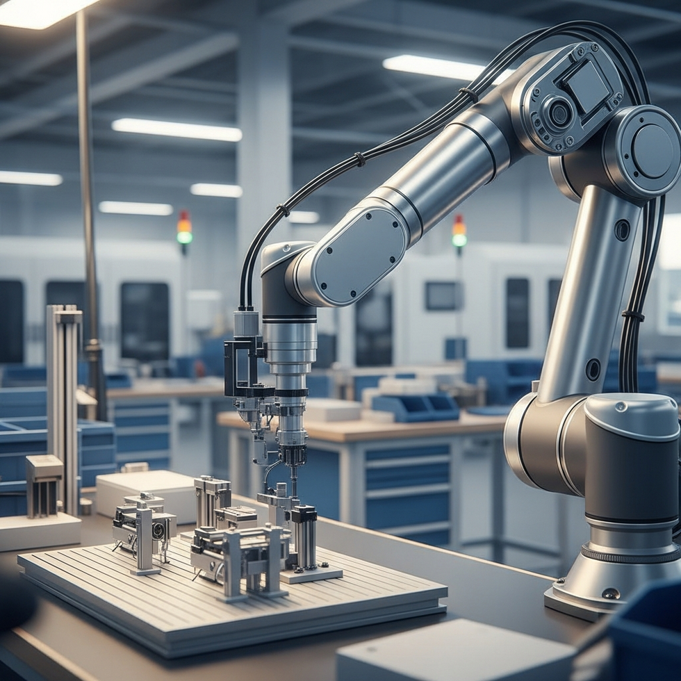 Futuristic robotic arm working in an advanced factory setting, showcasing cutting-edge mechanism design