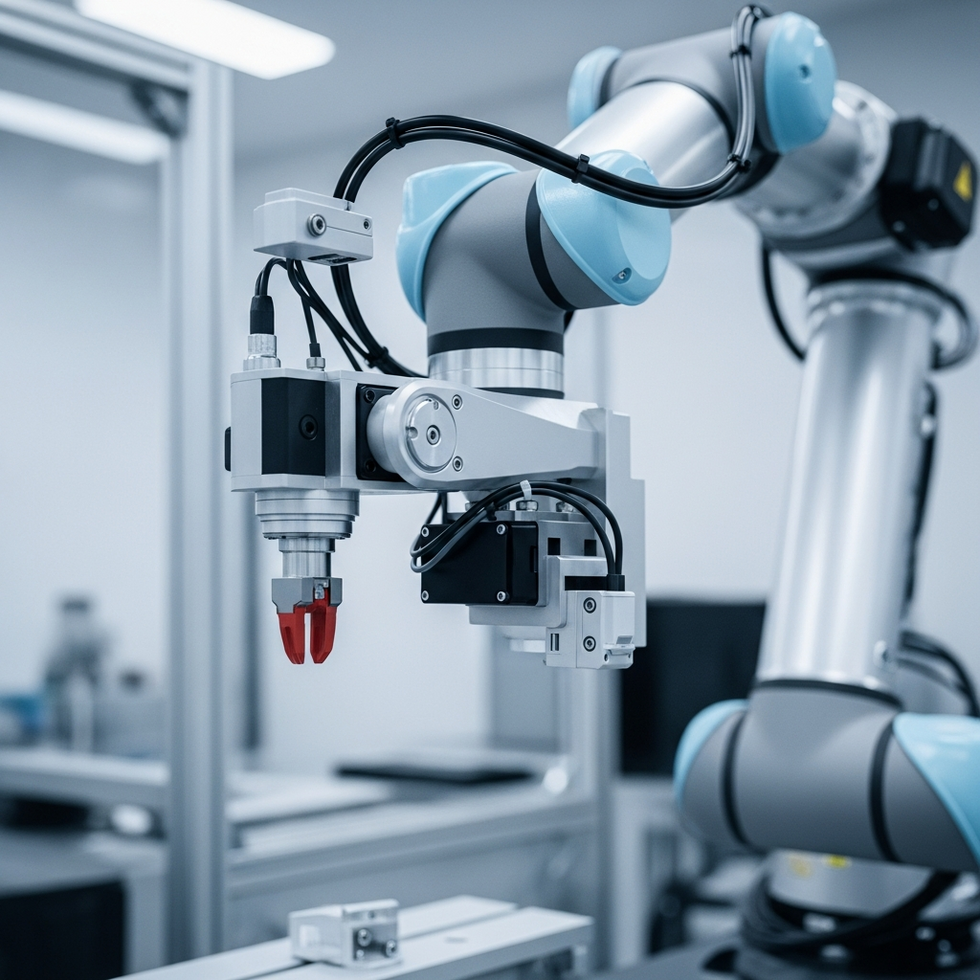 Modern yaşamda karmaşık mekanizmaların detaylandırıldığı bir robot kolu veya otomasyon sistemi görseli