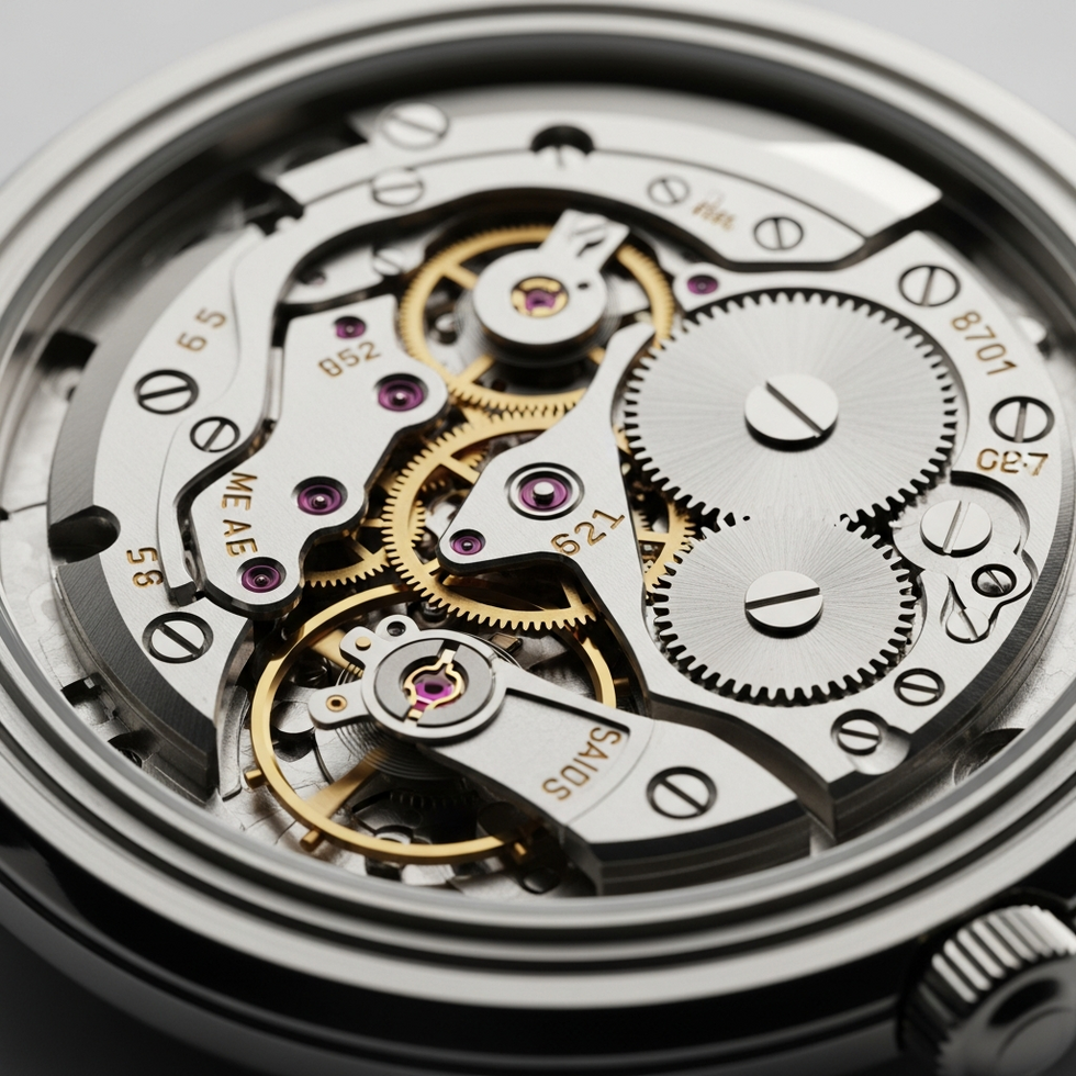 İç mekanizmaları detaylı gösteren ve otomatik saatlerin hareketli parçalarını vurgulayan bir görsel
