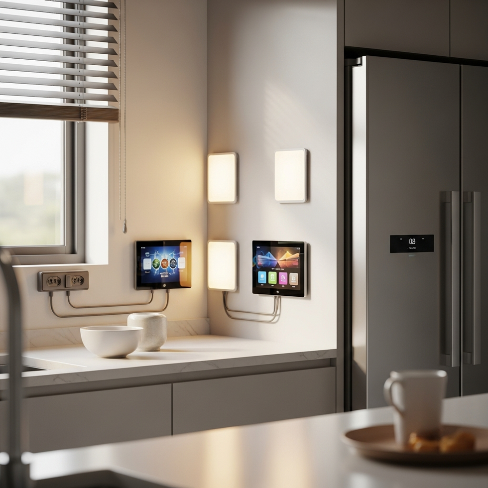 Smart home automation system with interconnected mechanical and electronic components, illustrating daily convenience