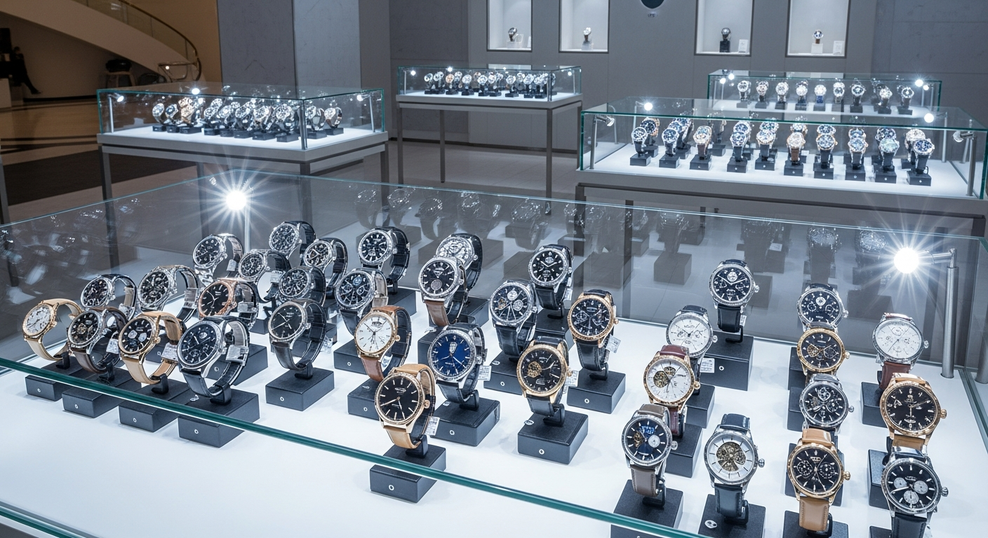 A modern, bright showroom with diverse automatic watches displayed on glass counters, eye-catching lighting highlighting intricate mechanisms, with customers examining luxury and affordable models in a sophisticated environment.