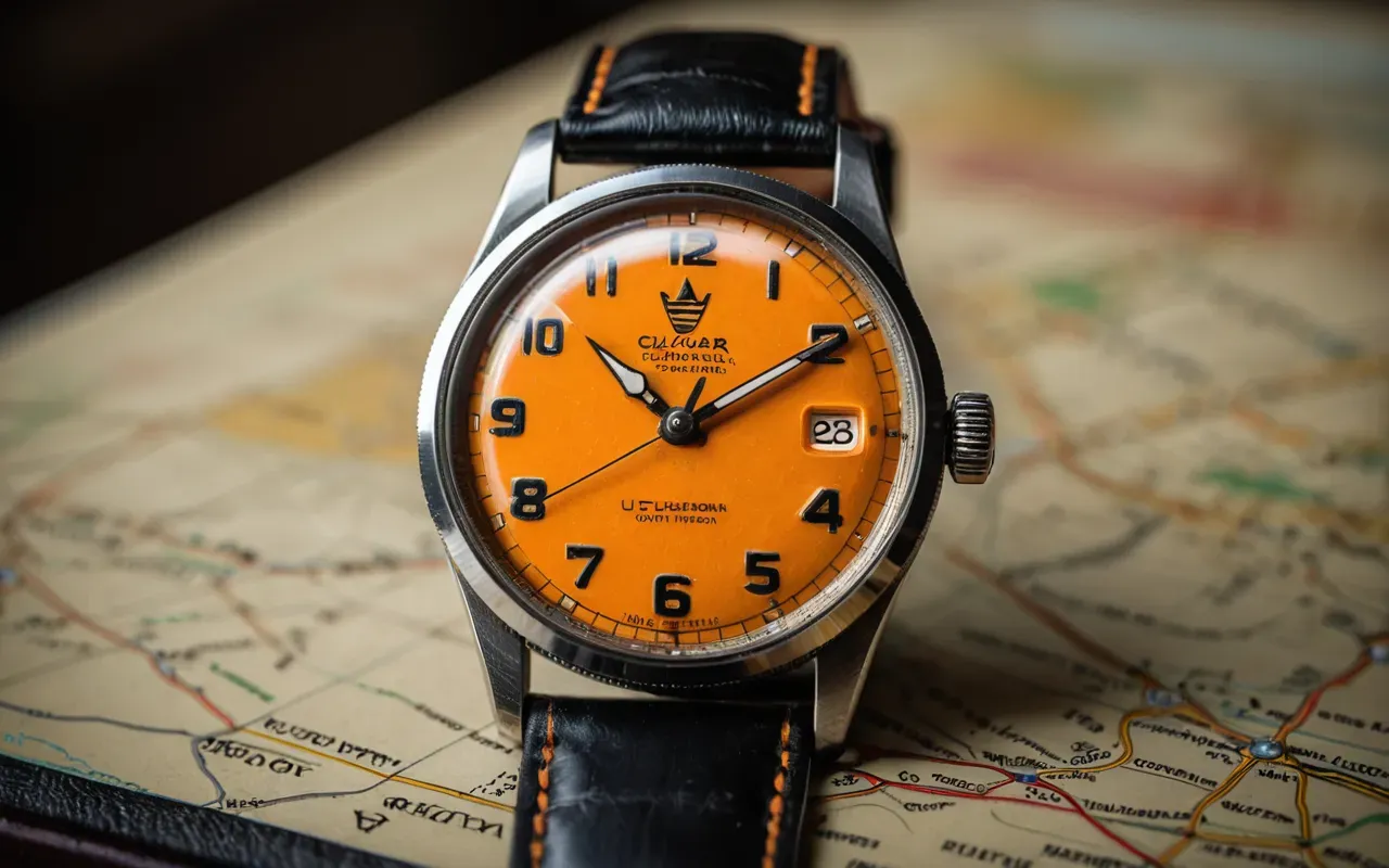 A close-up, high-resolution photograph of a vintage-style automatic watch with a bright orange dial and black leather strap, resting on a textured dark wooden desk surface. Soft natural lighting highlights the mechanical details of the watch face and the polished metal crown. The background is blurred, focusing entirely on the timepiece. No text, no branding logos visible, no people.