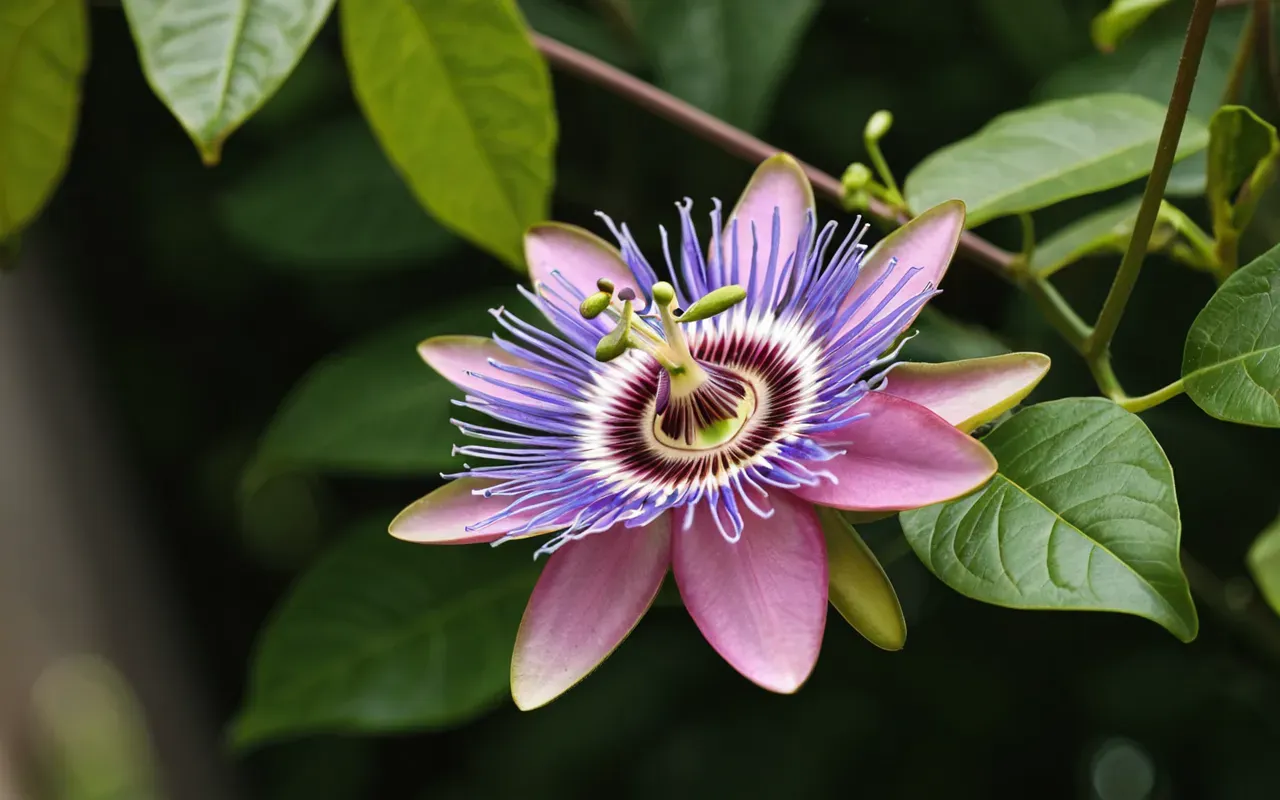 A close-up photo of a vibrant pink and purple passiflora flower blooming on a vine against a blurred green background. Natural sunlight highlights the intricate details of the petals and stamen. No text or people visible.