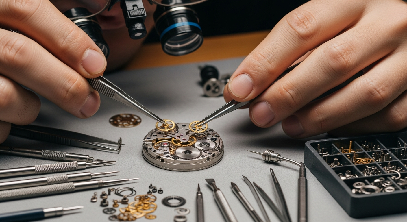 A close-up photo of a watchmaker's hands assembling a complex mechanical movement, with fine tools, magnification glasses, and a precision-focused atmosphere, emphasizing intricate craftsmanship.