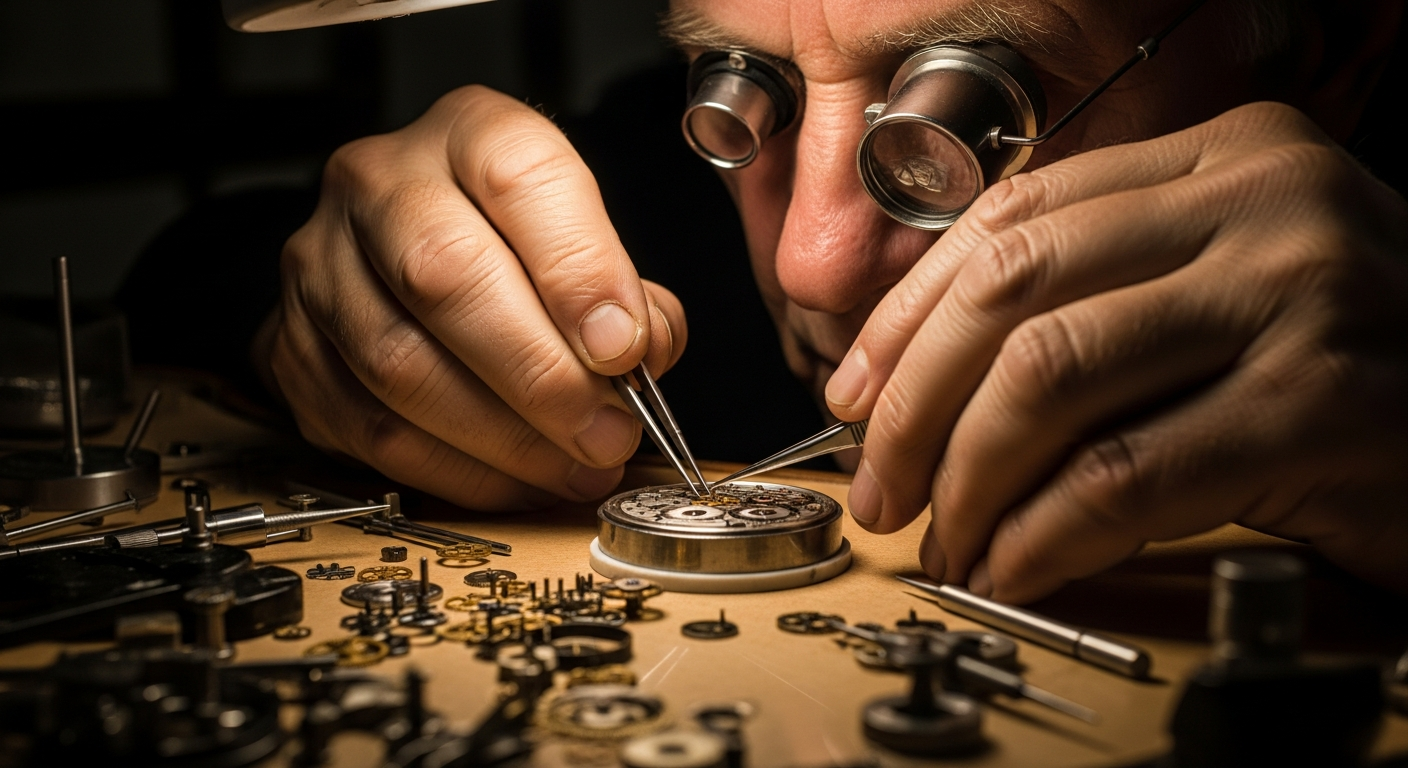 geleneksel saatçilik A close-up shot of an elderly watchmaker working meticulously on a vintage mechanical watch in a small, dimly lit workshop surrounded by tiny gears and tools.