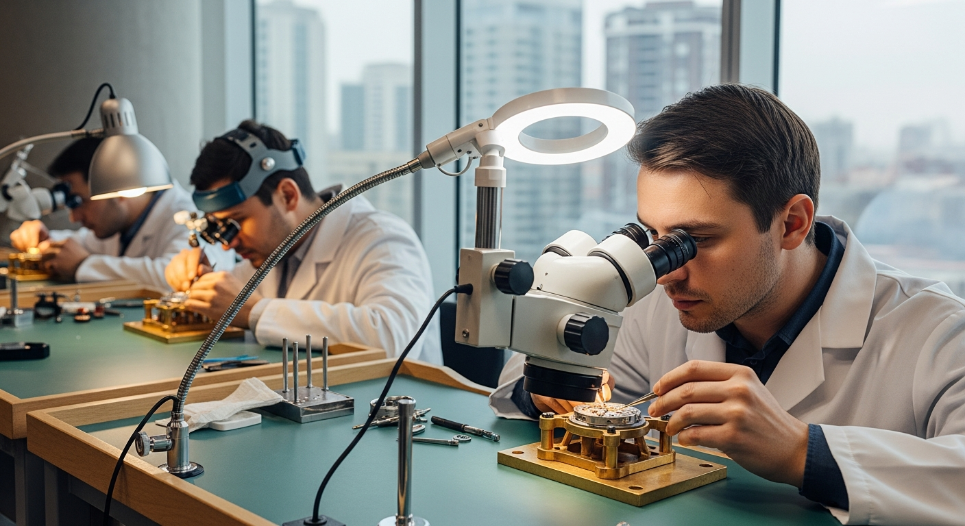 otomatik saatler A detailed, photorealistic image of a modern workshop with watchmakers examining intricate mechanical watch movements illuminated by soft lighting, showcasing various tools and partially disassembled automatic watches.