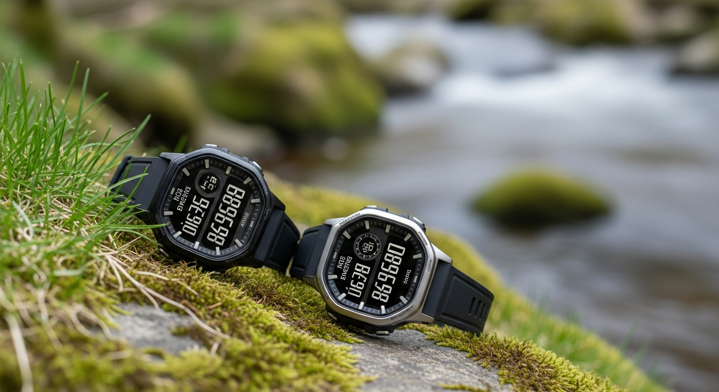 dijital saatler A digital modern watch next to a vintage mechanical watch, highlighting the contrast between technological innovation and traditional craftsmanship in a sleek, contemporary setting.