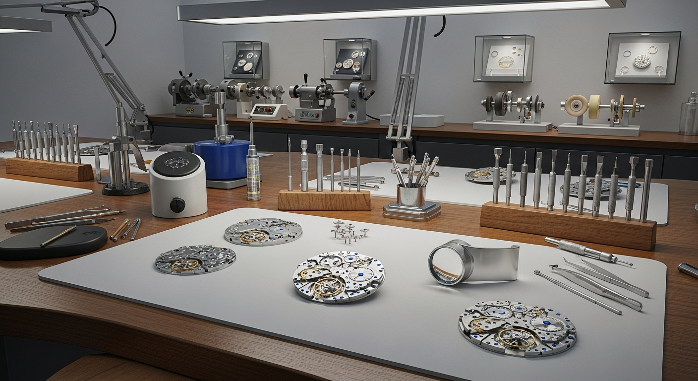 A high-resolution, photorealistic scene of a modern luxury watch workshop with intricate mechanical movements, precision tools, and technicians examining watches under bright, focused lighting.