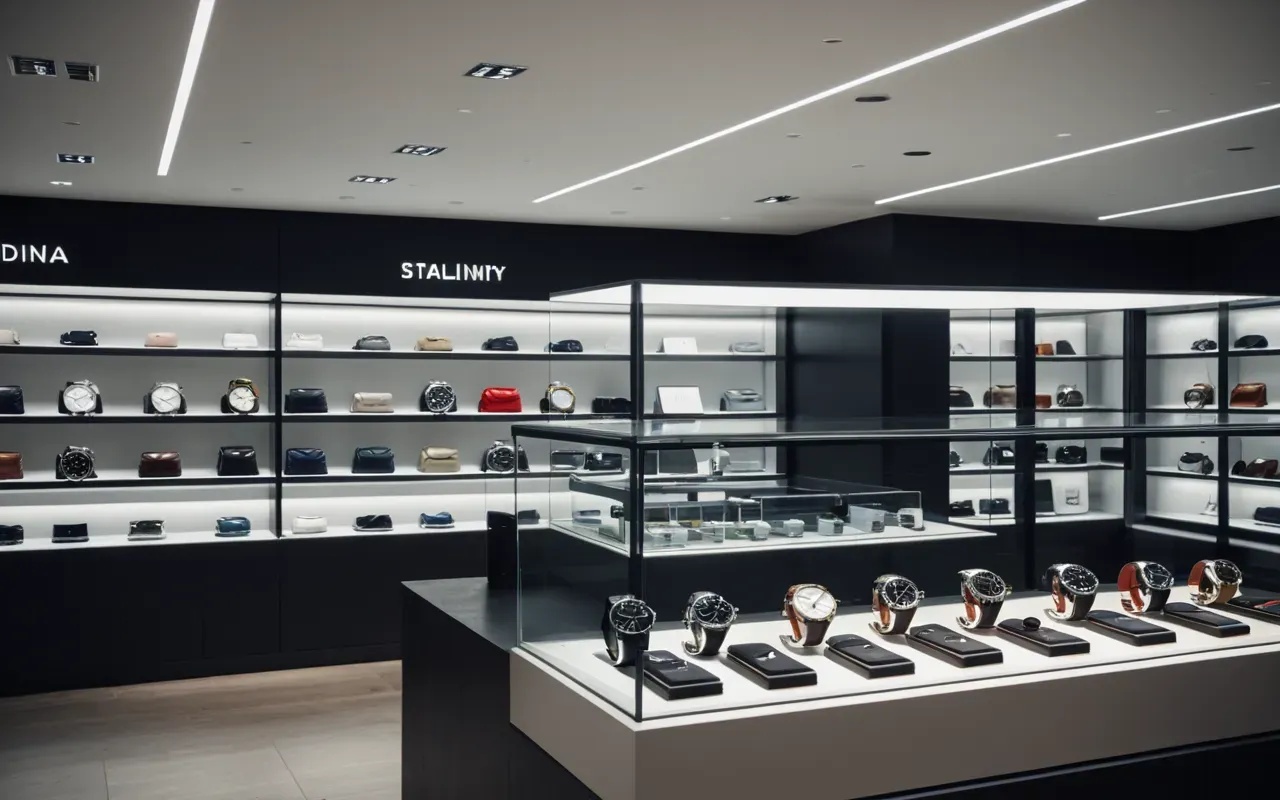 A minimalist modern retail store interior featuring a sleek glass display case with several luxury automatic watches arranged neatly inside. Warm ambient lighting illuminates the watches from above. The background shows blurred shelves with neutral-colored decor. The atmosphere is calm, upscale, and professional. No text, no logos, no people visible.