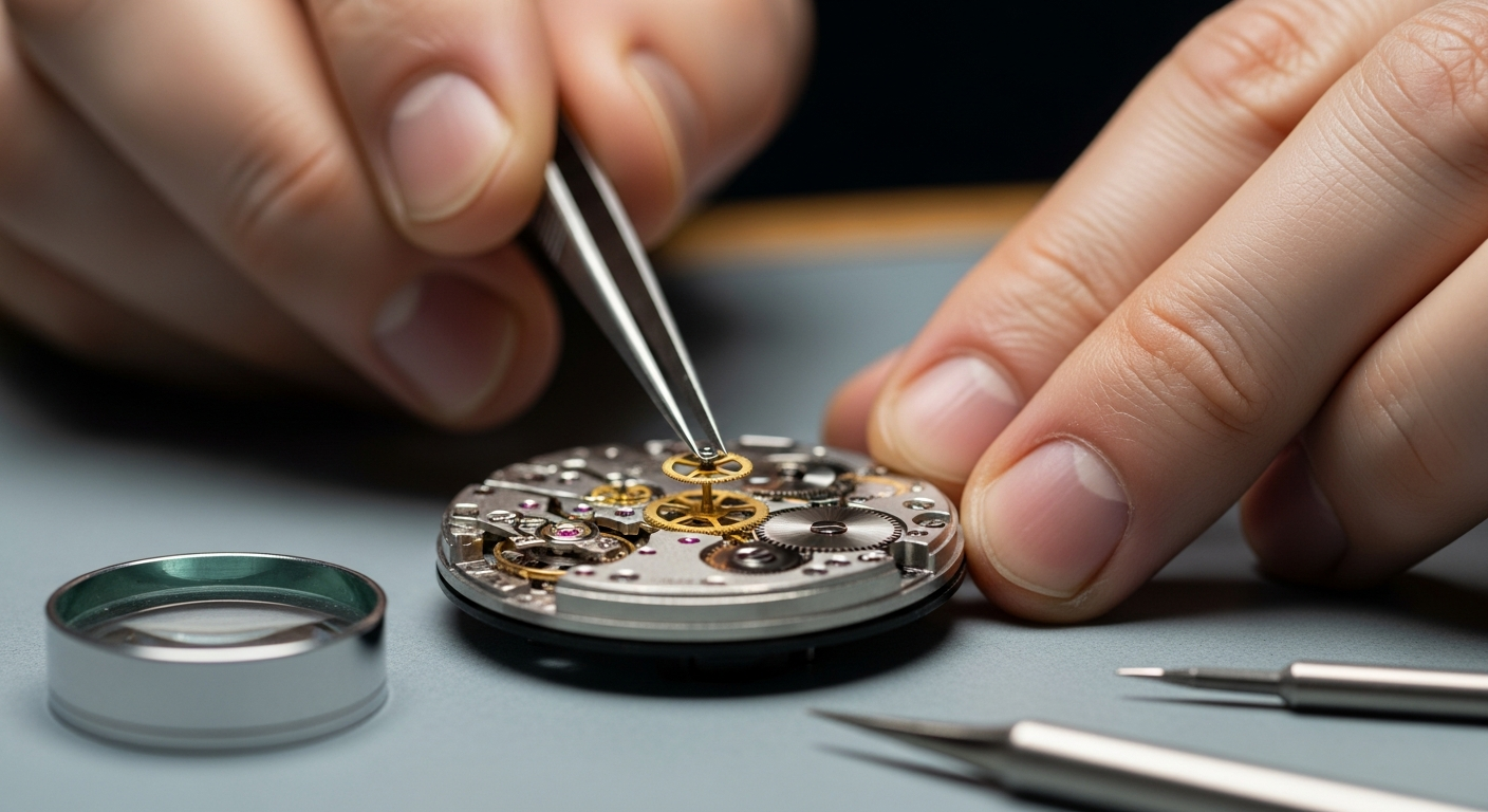 A modern watch maintenance workshop showing experienced technicians calibrating and cleaning watch movements with precision tools under bright lighting in a clean, professional environment.
