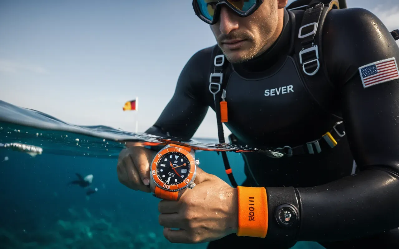A realistic scene of a professional diver wearing a wetsuit, holding a bright orange waterproof automatic watch above the water surface near a rocky shore. The sun reflects off the water, creating a dynamic lighting effect. The focus is on the watch face and the diver's hand, emphasizing durability and visibility. No text, no logos, no other people.