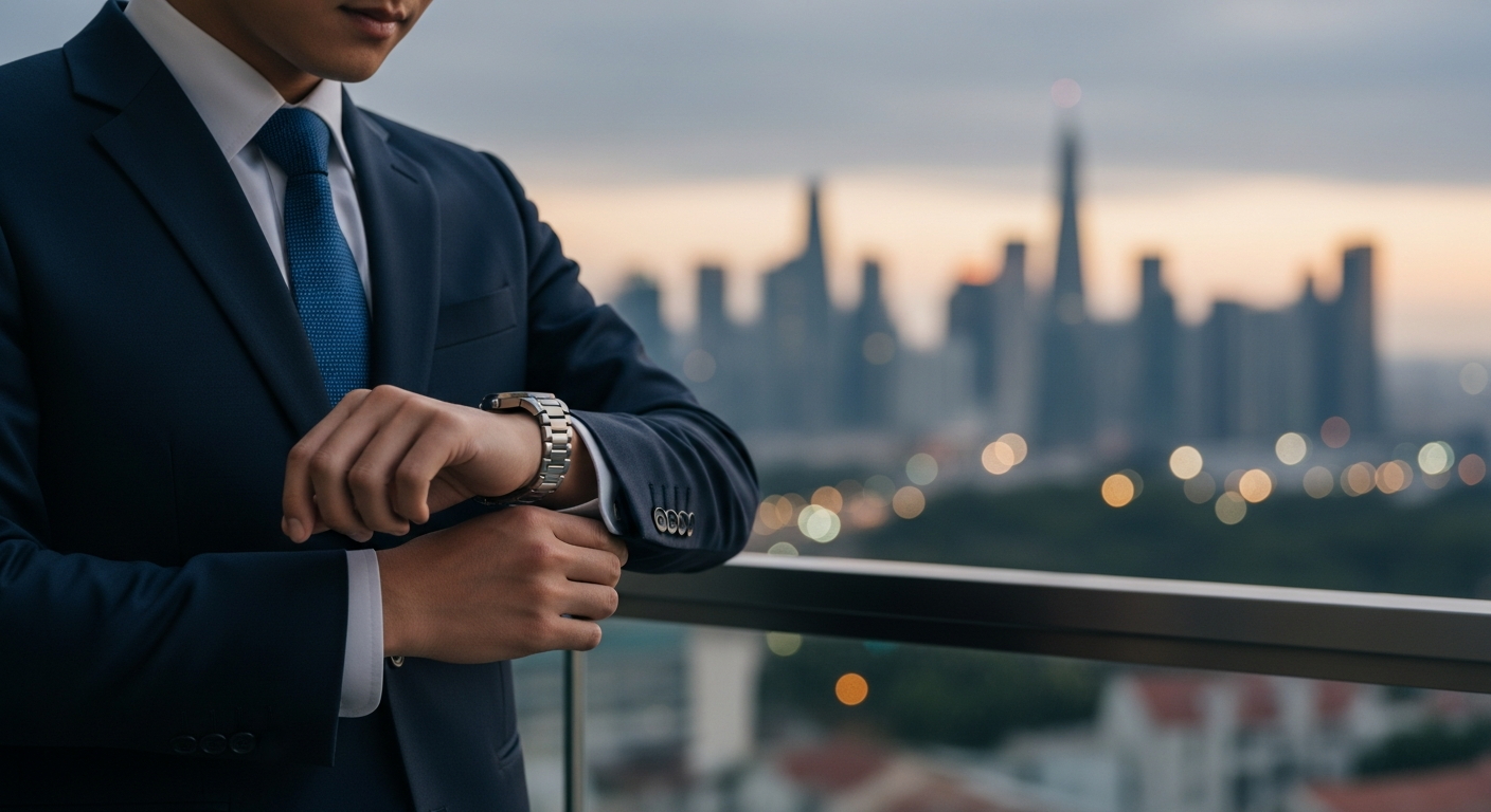 prestijli saatler A sophisticated image of a man in a modern suit adjusting his automatic watch, with a blurred cityscape in the background and soft evening lighting emphasizing elegance.