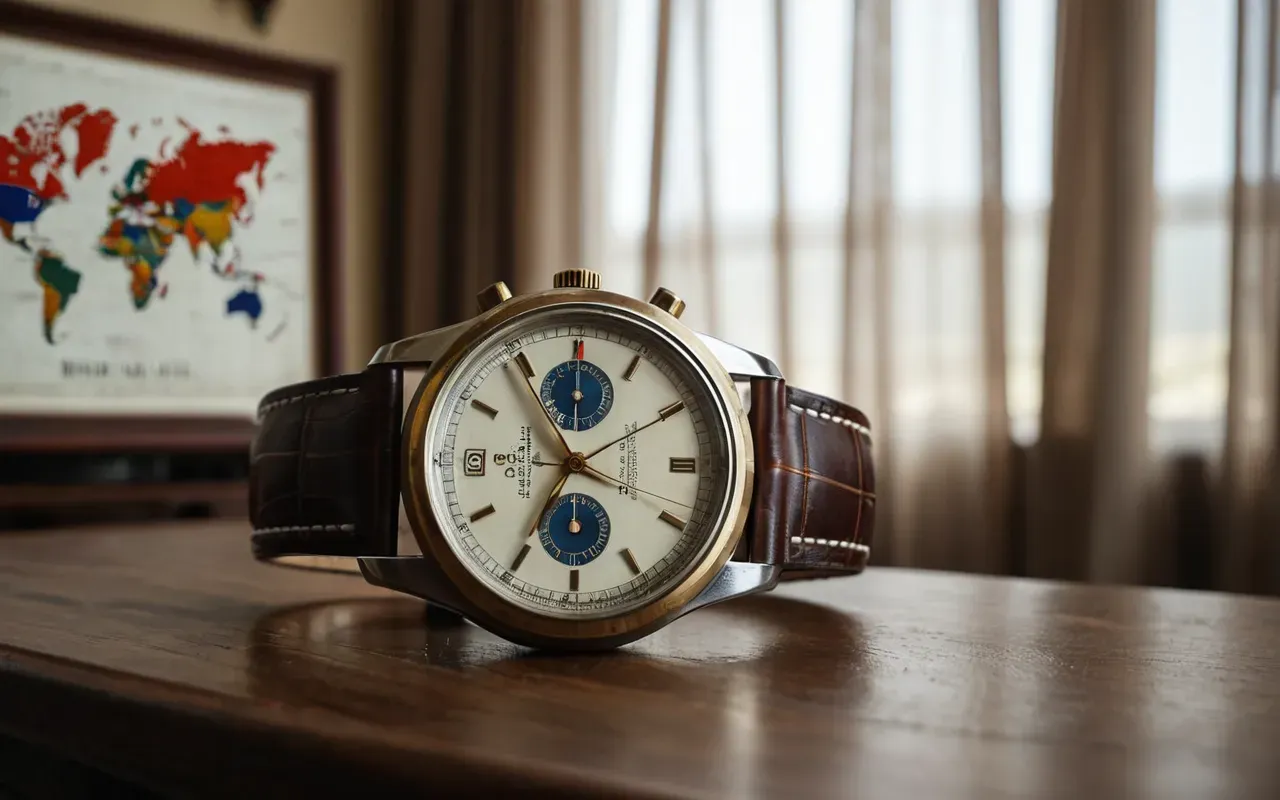 lüks aksesuar yatırım değeri Close-up of a vintage automatic watch on a wooden desk with soft natural light filtering through sheer curtains in the background, cinematic depth of field
