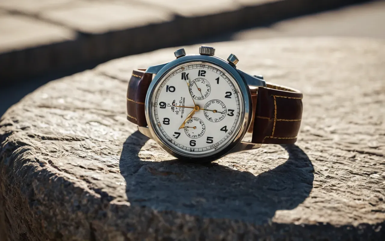 lüks aksesuar yatırım değeri Close-up of an antique-style automatic watch placed on a smooth stone surface with soft shadows and natural daylight from the side
