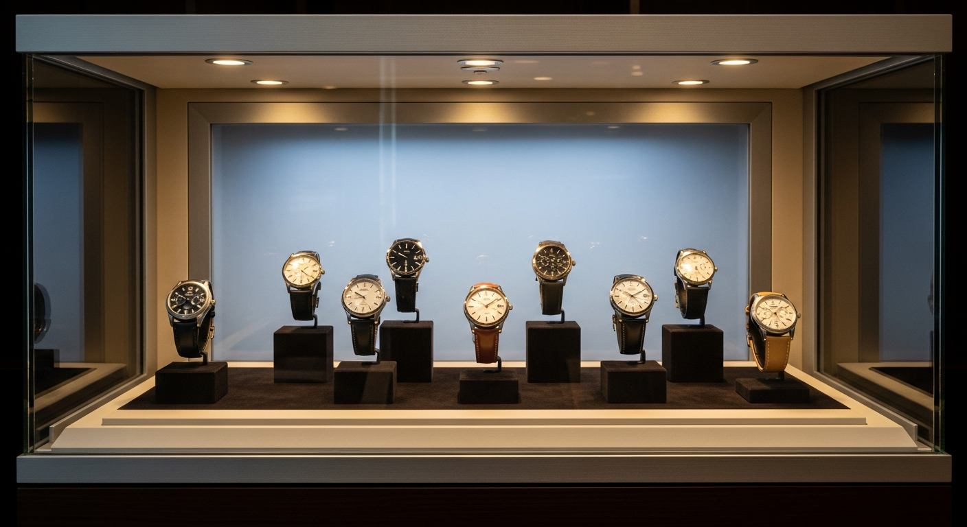 Elegant modern display of luxury watches inside a specialized climate-controlled environment