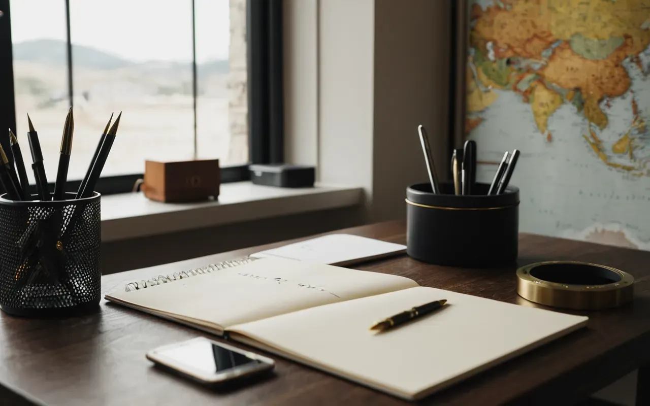 koleksiyoncu rehberi Minimalist desk setup with a single automatic watch placed near an open notebook and a brass pen holder under soft daylight from a window