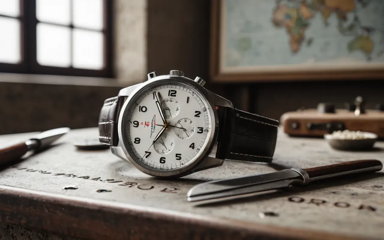 otomatik saat bakım Minimalist indoor scene with a single automatic watch resting on a soft fabric surface beside a small metal toolkit under diffused daylight from above