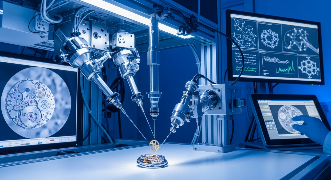 Modern laboratory setting with advanced nanotechnology equipment inspecting and repairing intricate watch components