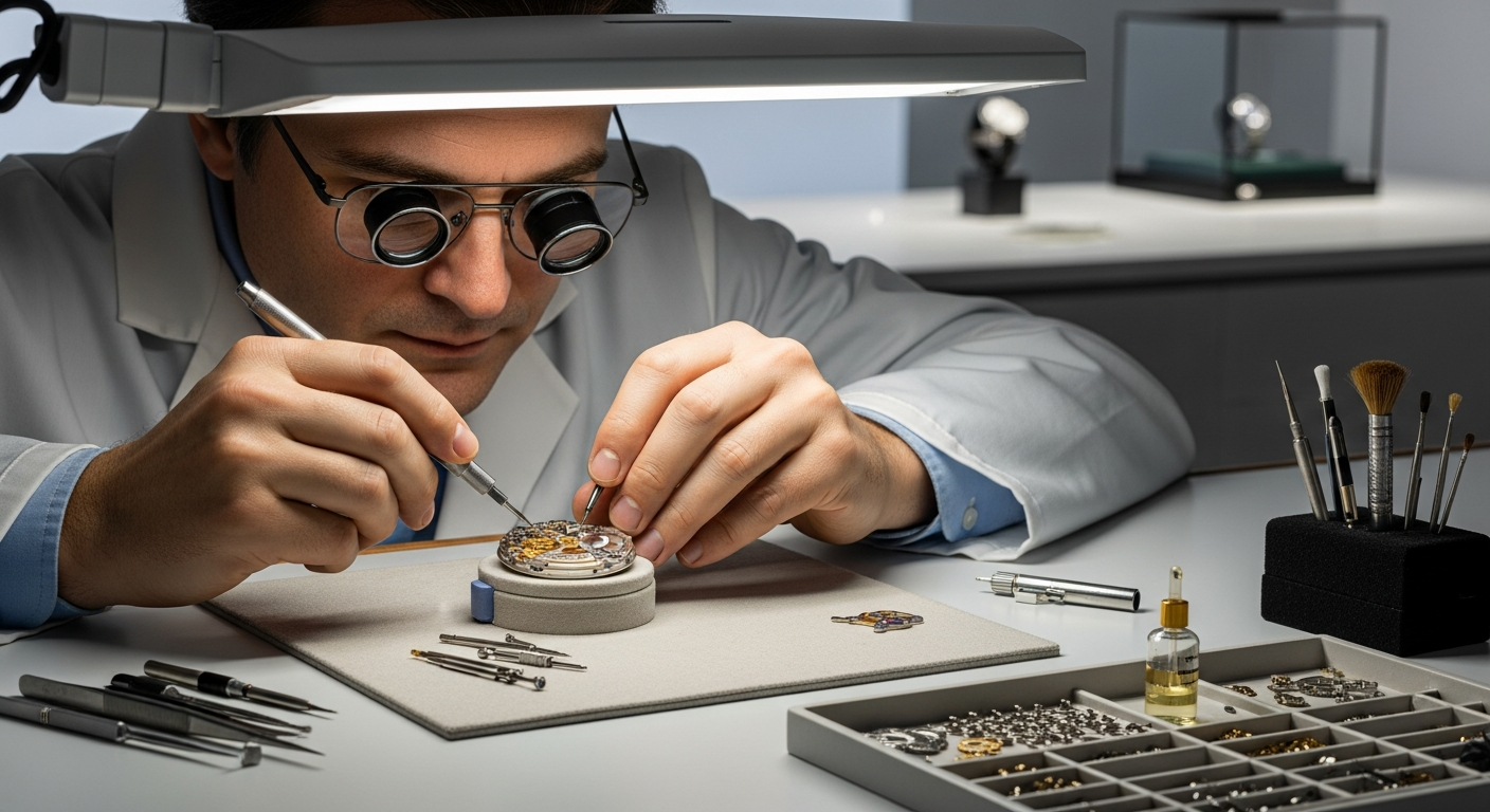 Modern workspace with a watchmaker meticulously adjusting a luxury automatic watch movement under magnification, emphasizing craftsmanship and precision