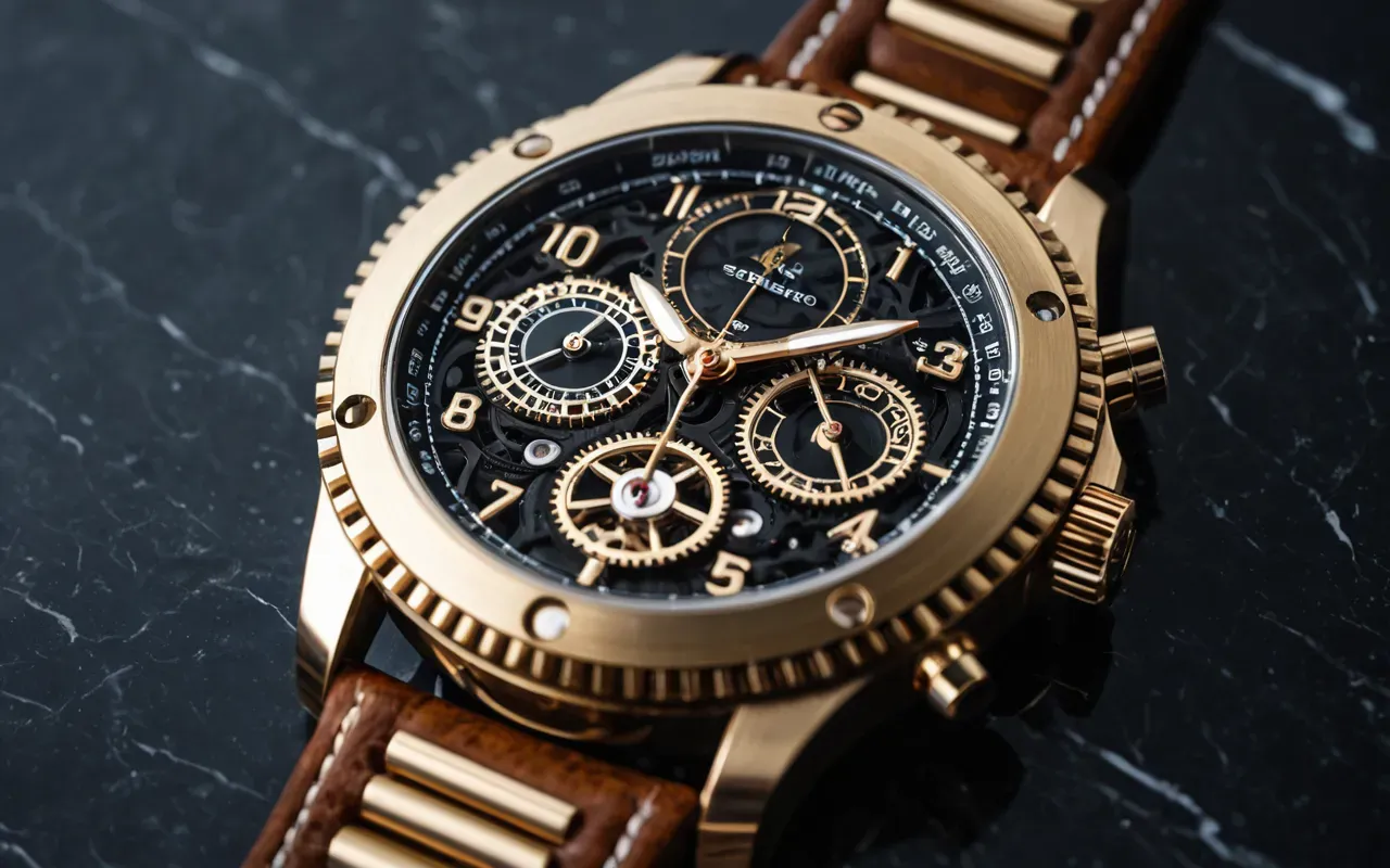 mekanik saat makrosu A close-up macro shot of a luxurious mechanical watch face showing intricate gears and hands, resting on a dark marble surface with soft studio lighting highlighting the metallic texture.