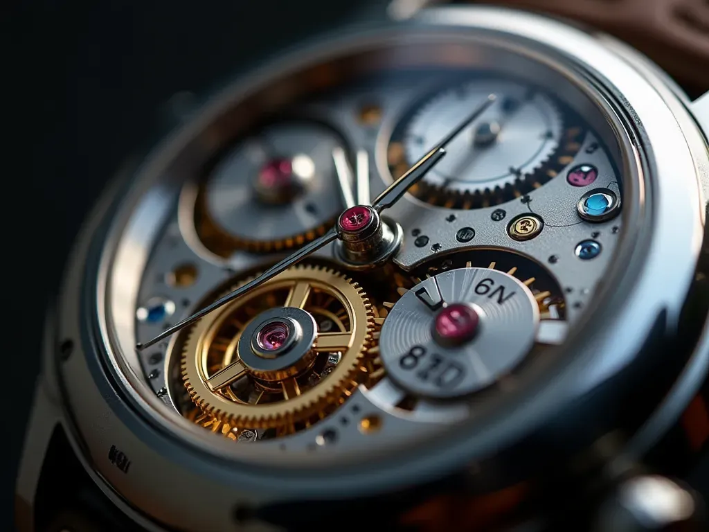 otomatik mekanizma detayları A close-up macro shot of a premium wristwatch movement showing intricate gears and a rotor mechanism under soft studio lighting with high detail and realistic metallic textures.
