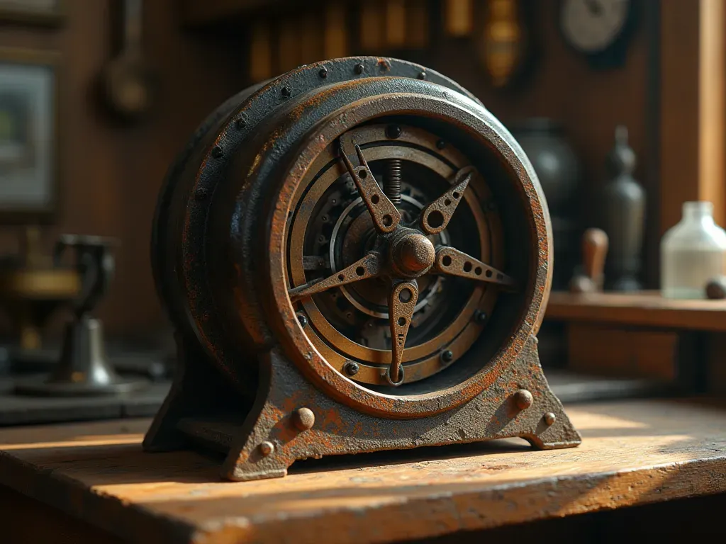 saat mekanizması restorasyonu A close-up of a rusted antique clock mechanism with visible gears and springs on a wooden workbench in soft natural light.