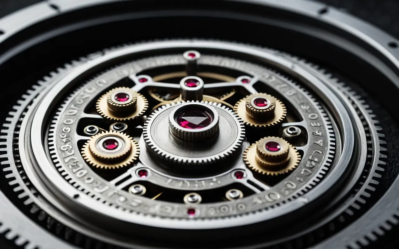 otomatik saat mekanizması yakın çekim A close-up photograph of a mechanical watch movement showing tiny red synthetic ruby jewels embedded in the steel gears and bridges under bright studio lighting.