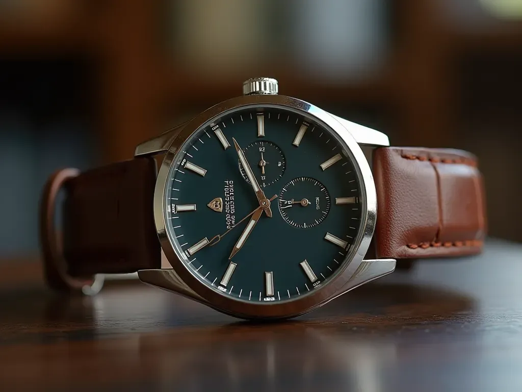 otomatik saat mekanizması A close-up photograph of a polished automatic wristwatch resting on a smooth dark wooden surface. Soft natural light highlights the intricate mechanical movement visible through a transparent case back. The background is a neutral blurred interior with warm tones. No text or branding is visible. The composition emphasizes craftsmanship and precision engineering.