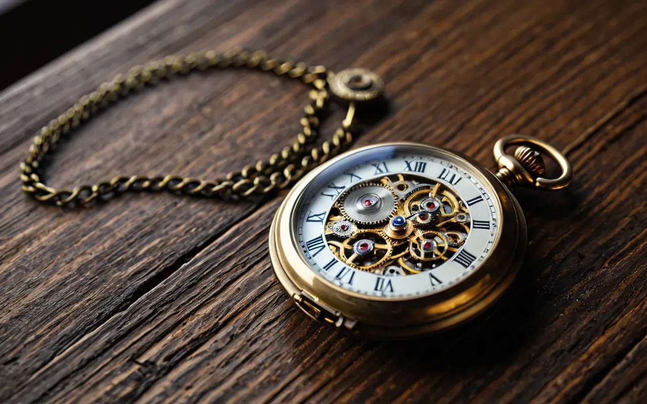 A close-up shot of a vintage pocket watch with intricate mechanical gears exposed on a wooden table. The lighting is warm and natural, highlighting the brass details. No text or logos are visible.