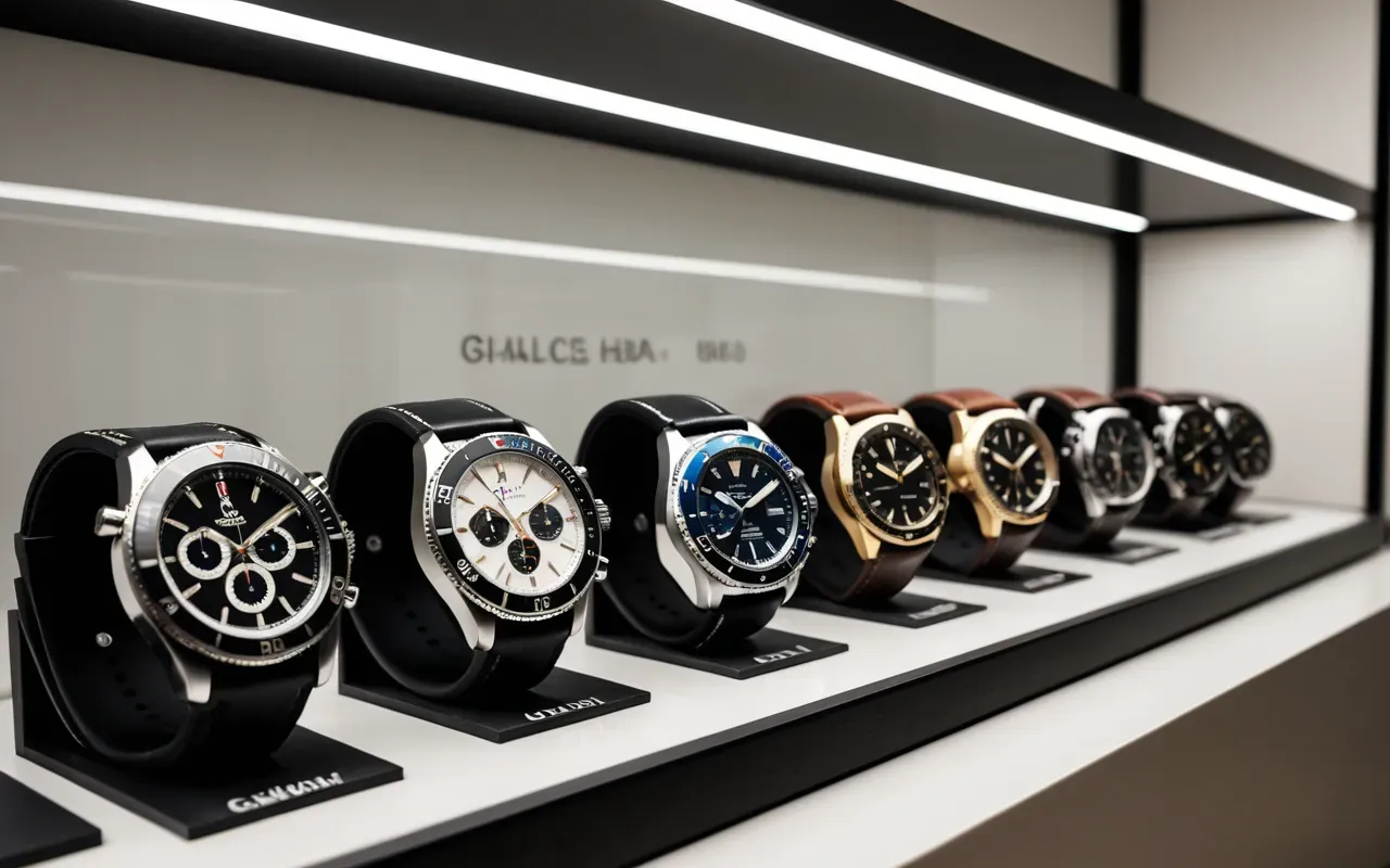 A collection of luxury wristwatches arranged neatly in a modern storage case with glass panels and soft internal lighting against a clean neutral wall background setting