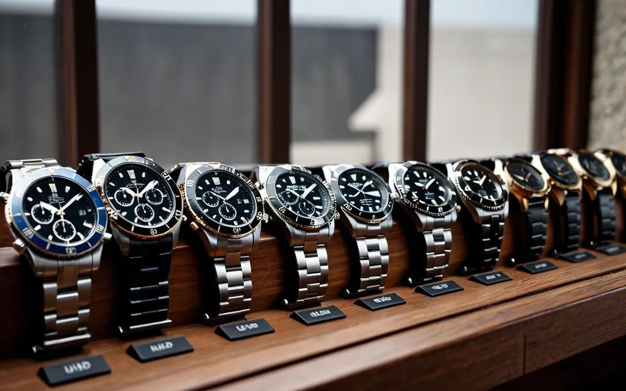 A collection of various automatic watches displayed in a wooden case with soft natural light from a window and a clean uncluttered background emphasizing the diversity of styles