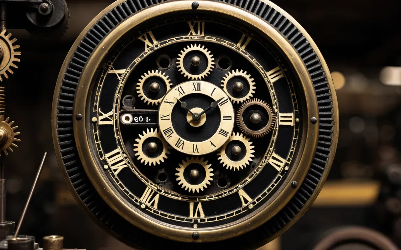 saat dişlileri detayı A detailed macro shot of intricate clock gears and springs in a dimly lit workshop. The brass components show signs of age but are clean, with soft shadows emphasizing the complexity of the mechanical engineering without any visible hands or text.