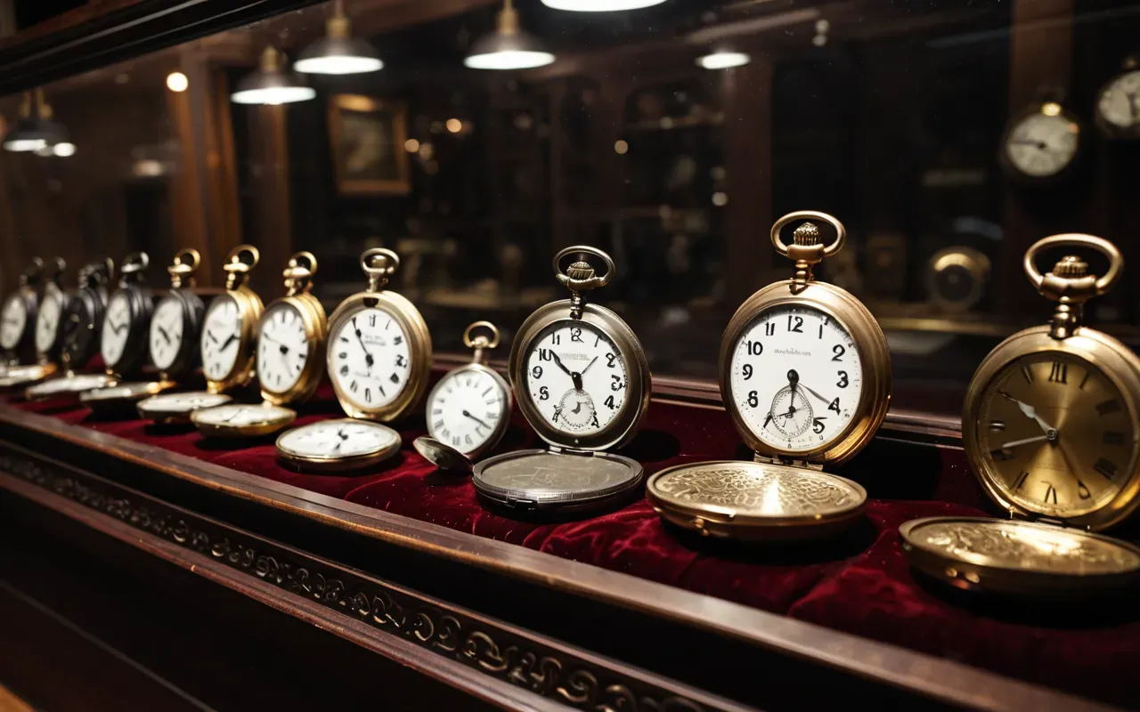 A display case in a museum containing various antique pocket watches and clocks. The items are arranged neatly on velvet cushions under soft spotlights.