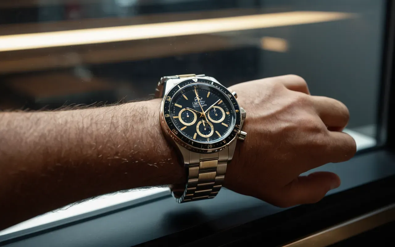 A high-speed photograph of a wrist wearing a classic automatic watch with the movement visible through an exhibition case back as the hand moves naturally in motion blur