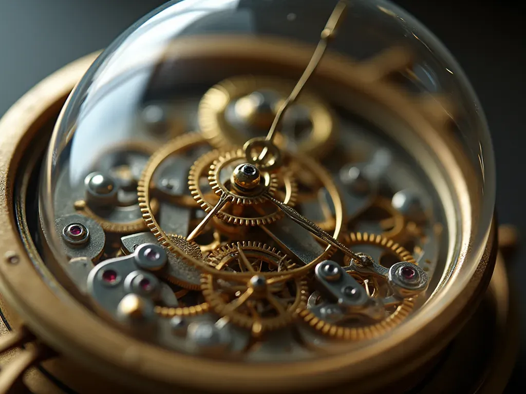A hyper-realistic close-up of intricate brass gears and polished steel components inside a transparent clock mechanism casing. Soft natural lighting highlights the metallic textures and fine craftsmanship details. No text or branding visible.