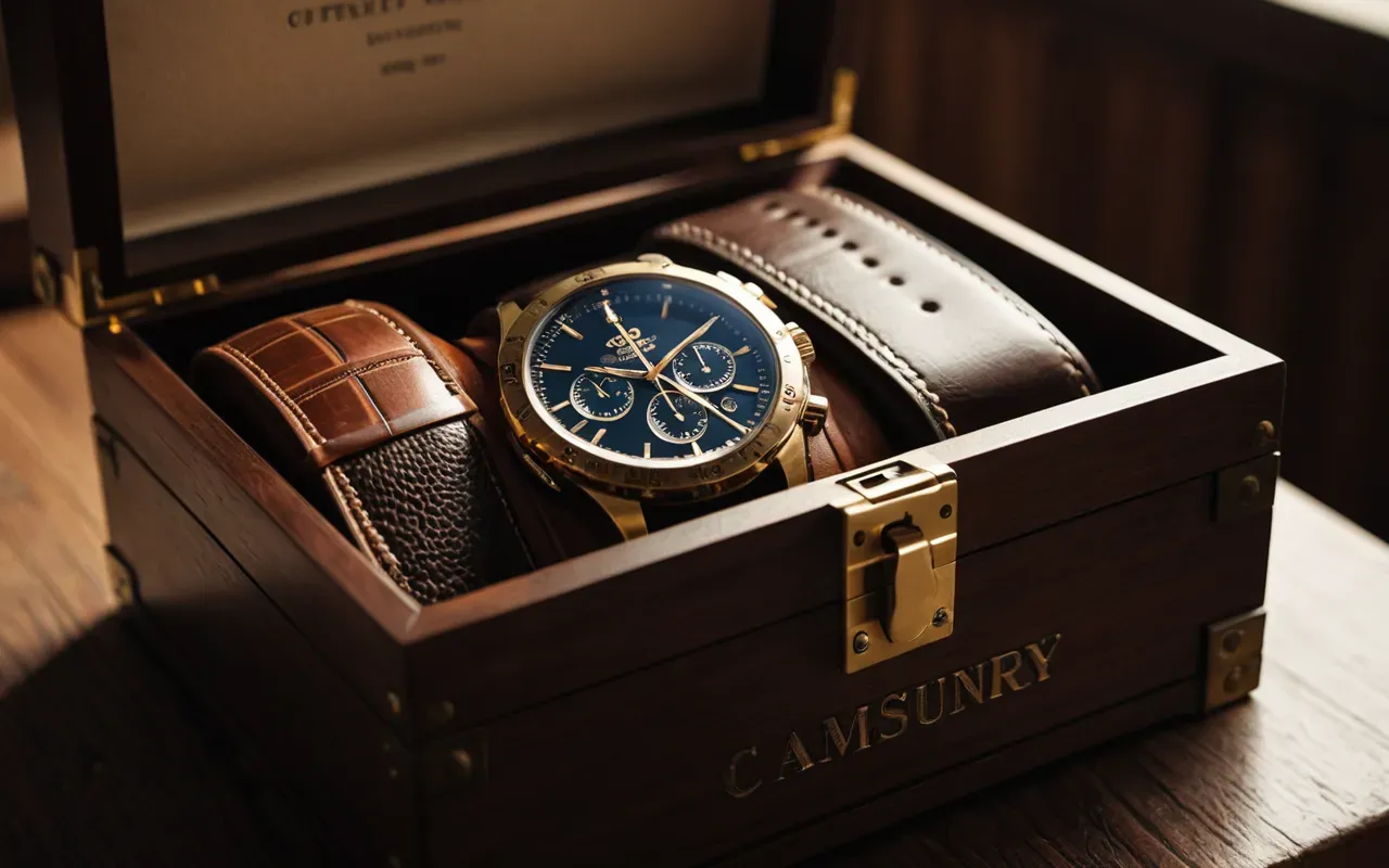 A luxury wristwatch resting on a soft leather cushion inside an open storage box with brass hinges and dark wood exterior in warm ambient light setting