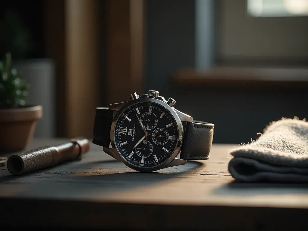saat bakımı A minimalist workspace featuring a high-end mechanical watch placed beside a precision timing tool and a soft cleaning cloth. The scene is lit by diffused window light creating gentle shadows. The background consists of neutral gray walls and a clean desk surface. No text, logos, or readable labels are present. The image conveys precision, care, and technical attention.