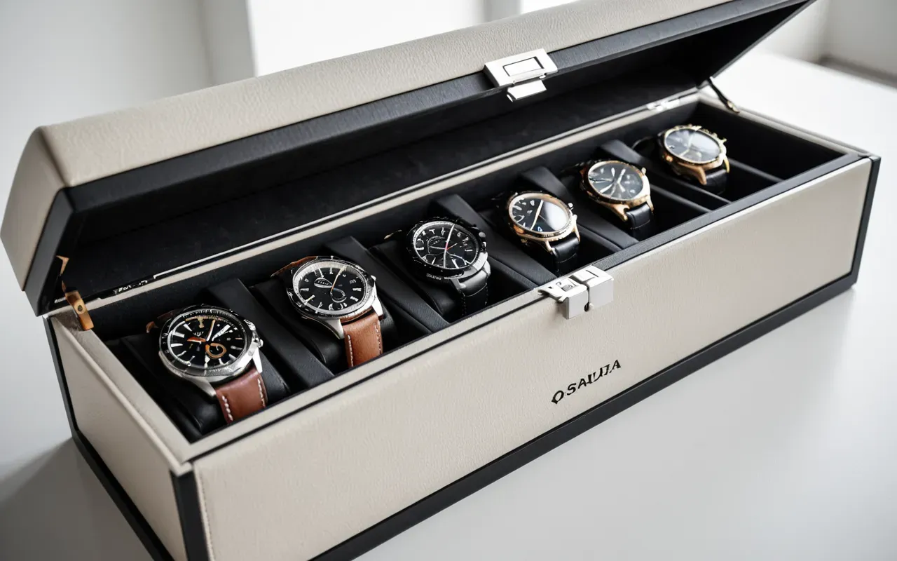 A modern minimalist wristwatch storage box with leather lining and adjustable trays holding multiple luxury watches in a clean white room setting soft lighting