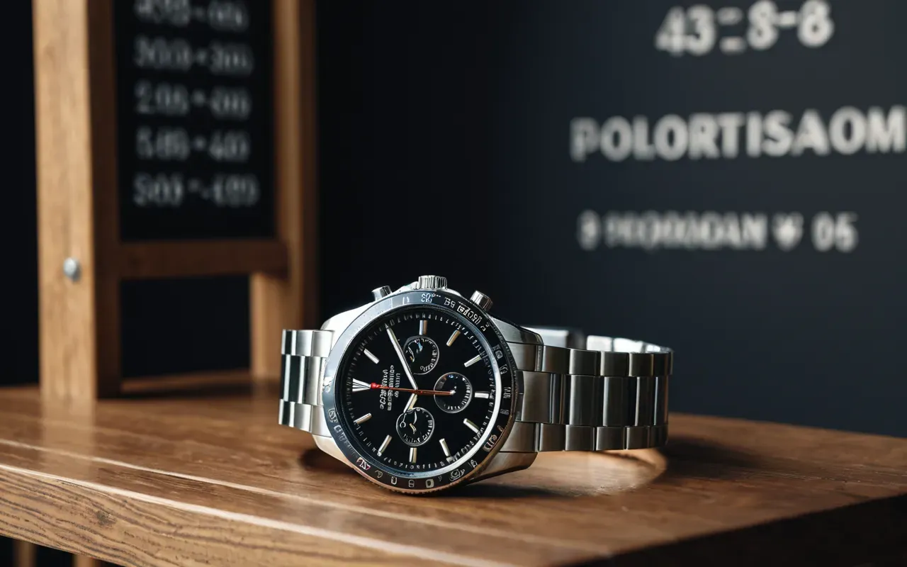 A modern wristwatch displayed on a wooden stand in a clean studio environment with soft lighting emphasizing the glass crystal and metal bracelet details.