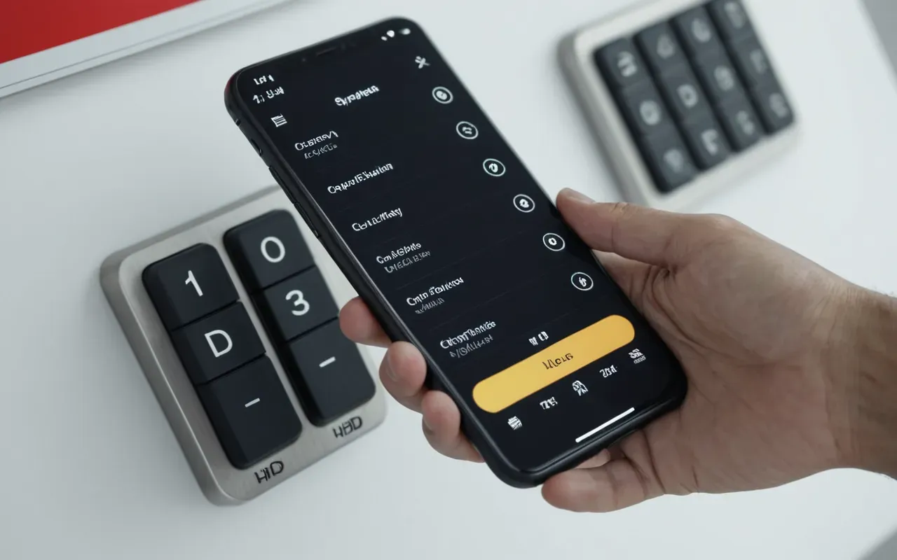 A person's hand interacting with a smartphone settings menu on a bright white background. The screen shows abstract toggle switches and sliders representing system preferences without any visible text or readable characters to maintain visual neutrality.