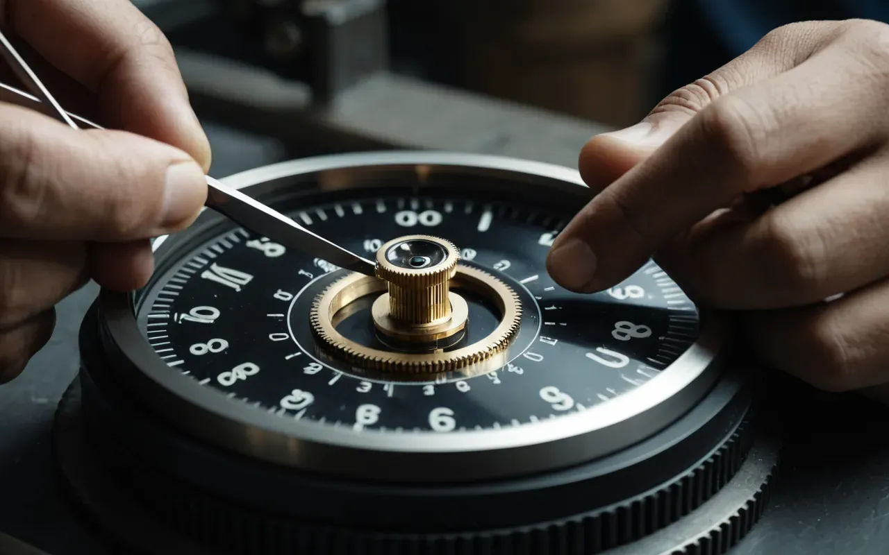A professional watchmaker in a clean modern workshop using precision tweezers to adjust the tiny gears of an automatic movement under bright magnifying light