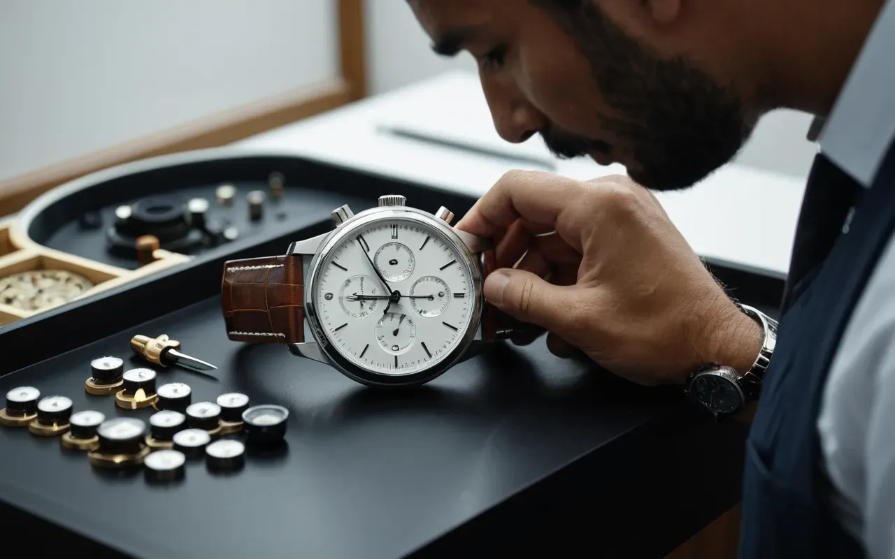 A professional watchmaker using precision tools to inspect a luxury wristwatch movement with magnifying glass and bright focused lighting in a clean modern workshop setting background view