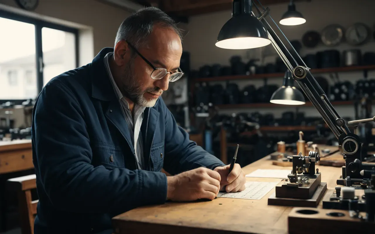 saat ustası atölye A professional watchmaker working on a mechanical movement in a clean modern workshop with magnifying lamps and precision tools arranged neatly around the workspace.