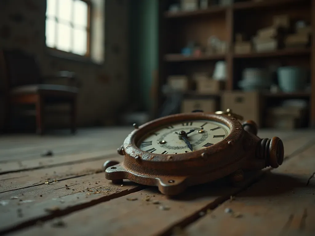 A rusty antique clock mechanism lying on a dusty wooden floor in a dimly lit storage room with soft natural light coming through small windows.