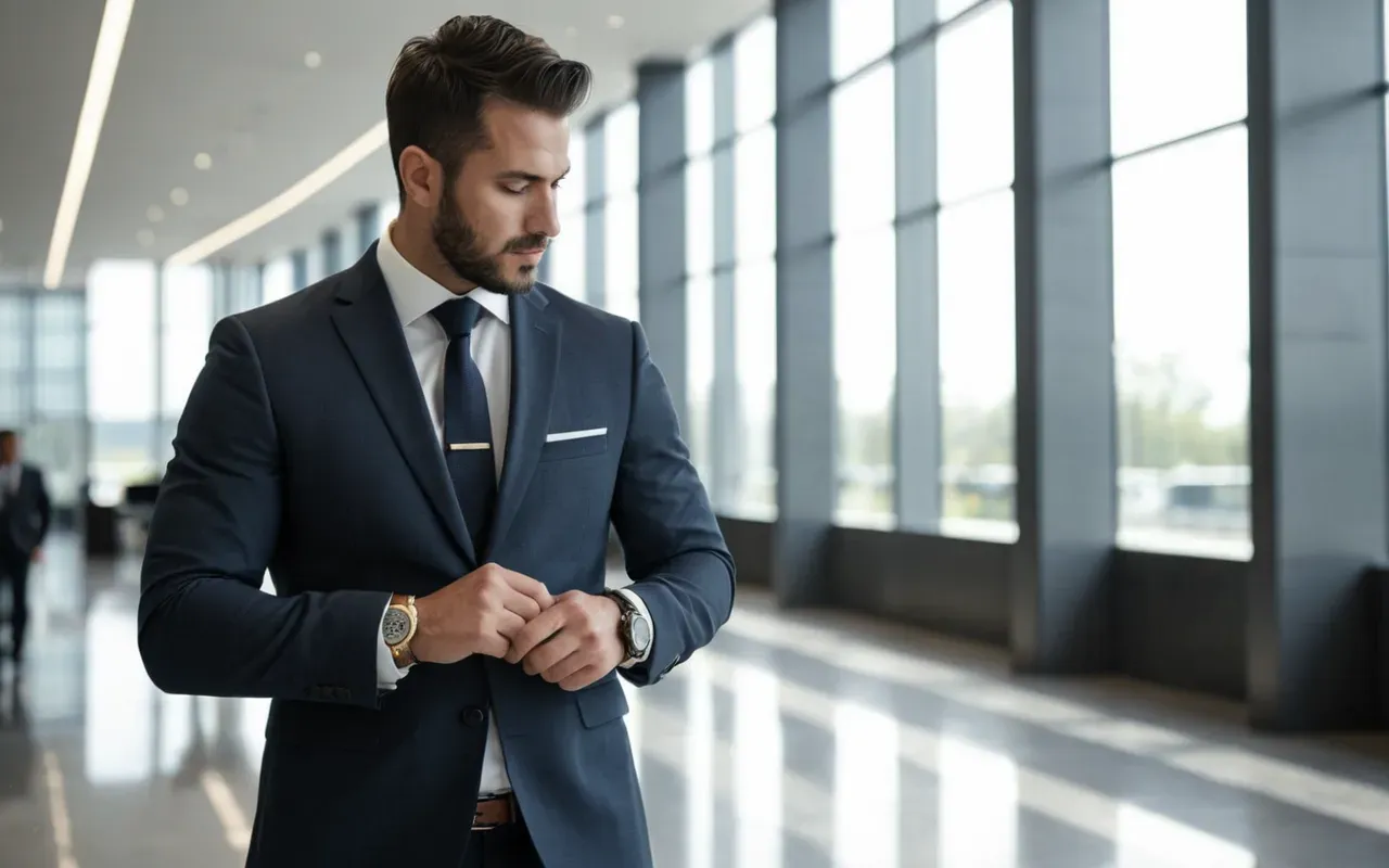 A stylish man wearing a suit and holding his wrist to check the time in a modern office lobby with large glass windows letting in natural light focusing on the elegance of the watch against the fabric texture.