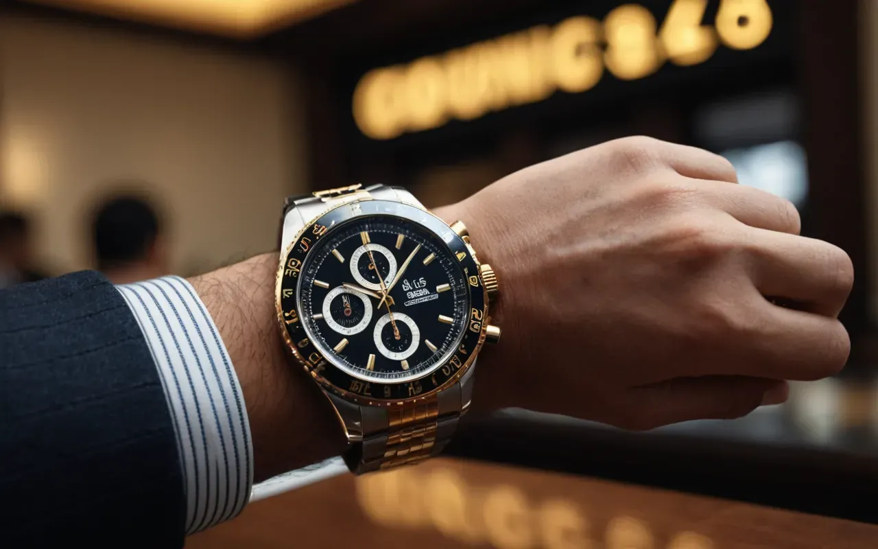 saat kullanımı yaşam tarzı A stylish person wearing a luxury automatic watch while looking at their wrist in an elegant interior setting with soft ambient lighting and blurred background.