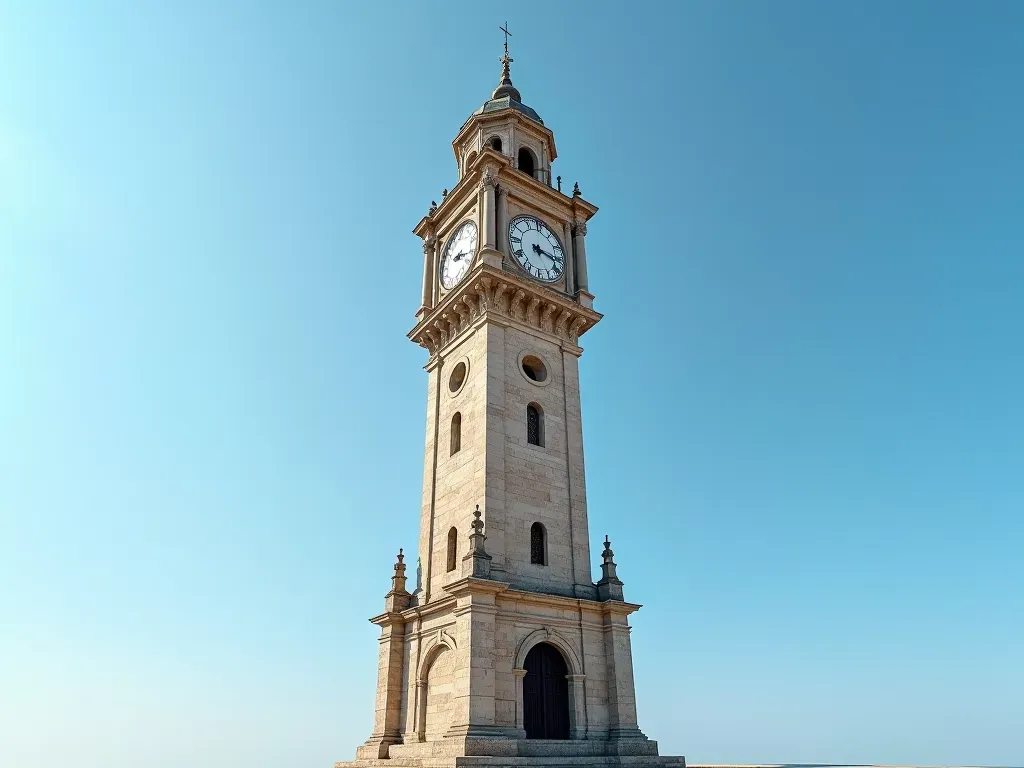 A tall stone clock tower standing against a clear blue sky with intricate architectural details at the base showing aged texture and craftsmanship without any visible text or signs on surfaces around it.